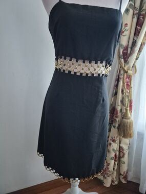 Black Cutout Waist Dress with Gold Chain Trim